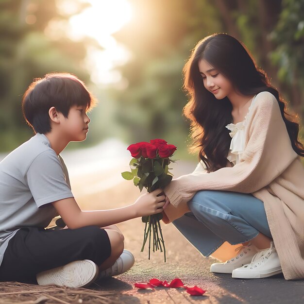 Photo boy giving flowers to a girl