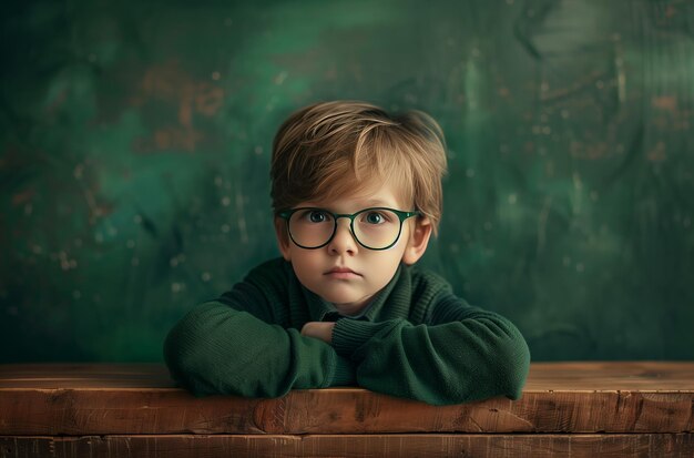 The boy in glasses in front of a blackboard Created by artificial intelligence