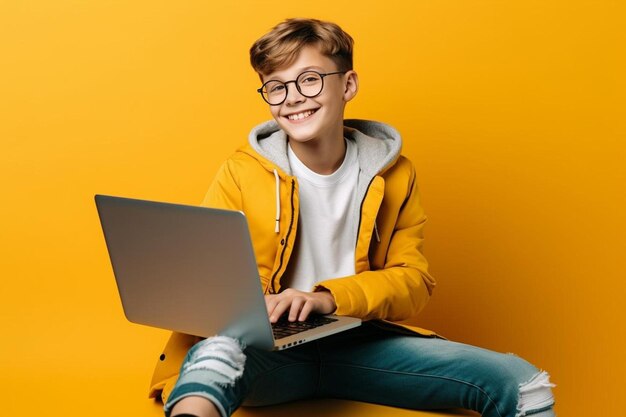 Photo a boy in glasses sits in front of a laptop