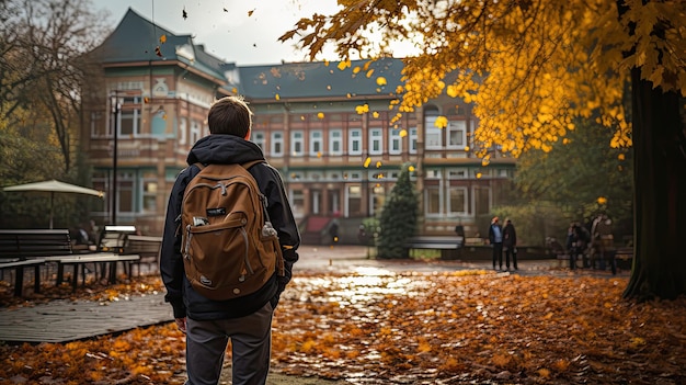 a boy goes to school take from behind