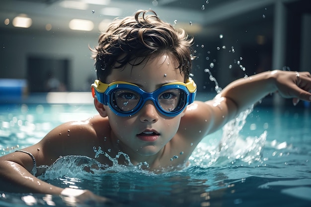 boy in goggles swimming splashing in pool