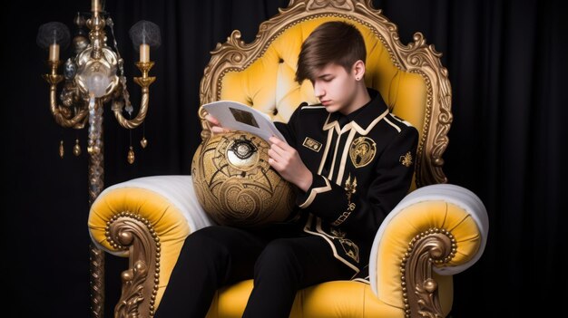 A boy in a gold chair reading a book