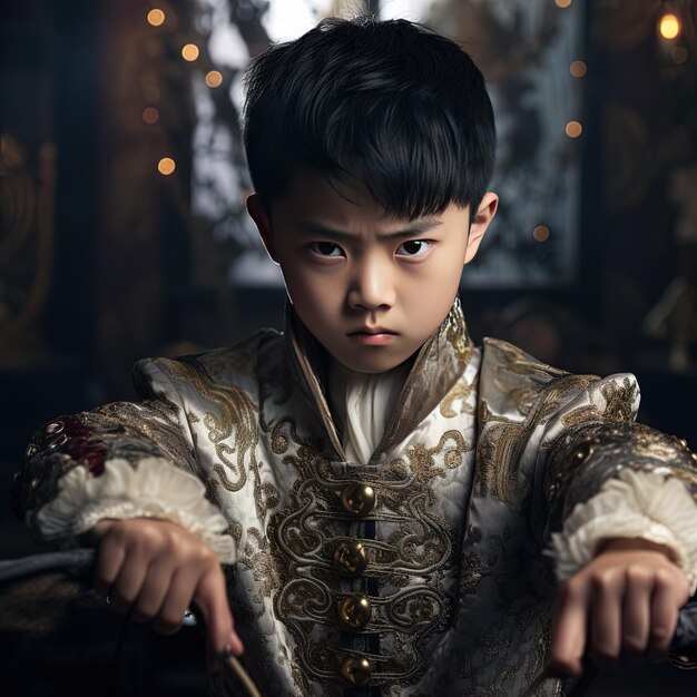 a boy in a gold and white costume is holding a spoon