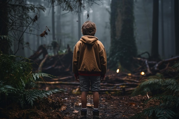 Boy got lost in the forest back view generative ai | Premium AI-generated image