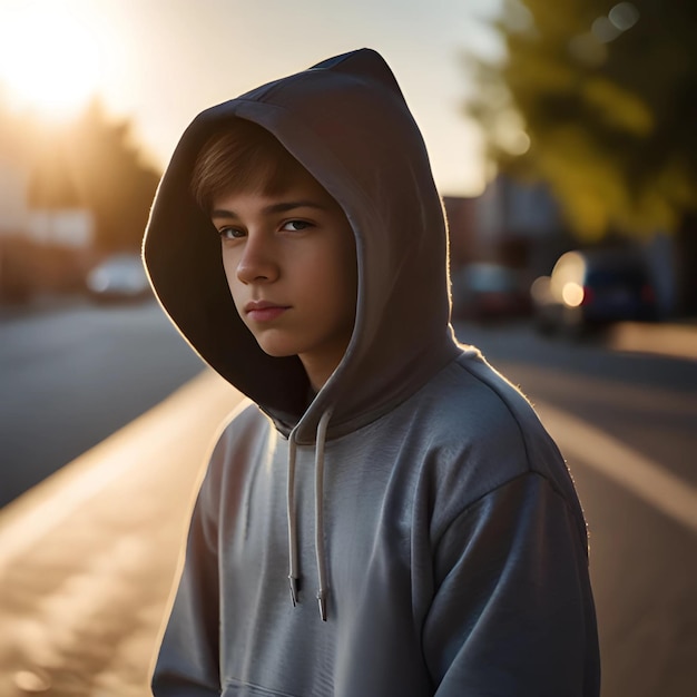 a boy in a grey hoodie stands in the street