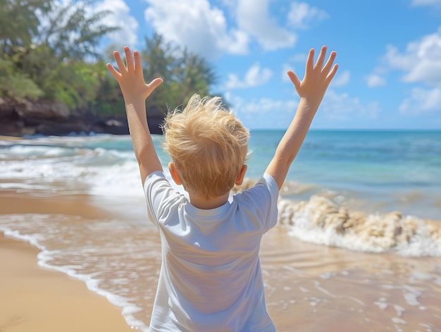 Foto un ragazzo felice in vacanza sulla spiaggia le mani alzando la vista posteriore