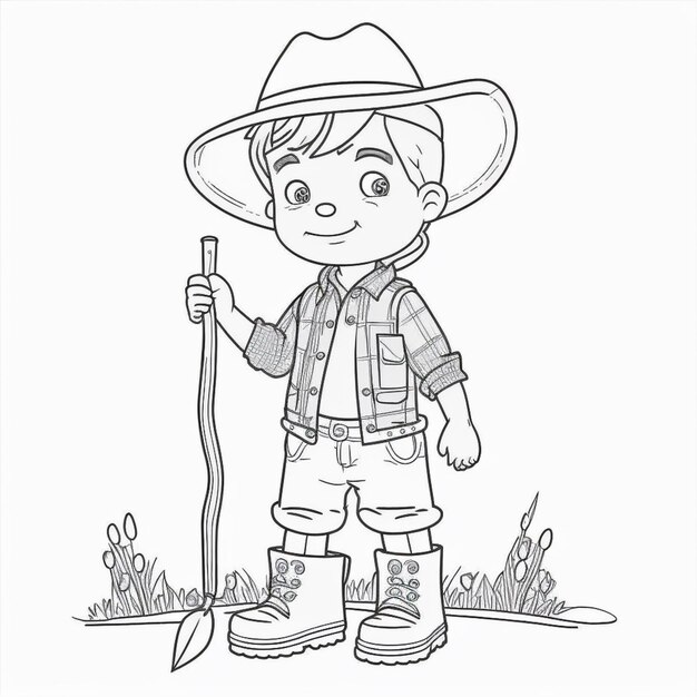 a boy in a hat and boots holding a shovel generative ai