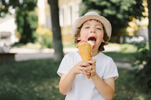 帽子をかぶった少年はアイスクリームを持っていて、幸せで驚きの夏の食べ物と夏の時間に見えます