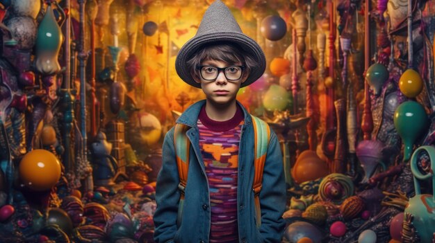 A boy in a hat stands in front of a colorful poster that says'the little prince '