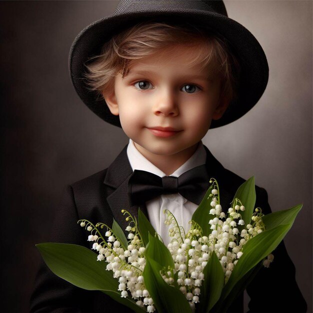 A boy in a hat and suit giving flowers to his mum