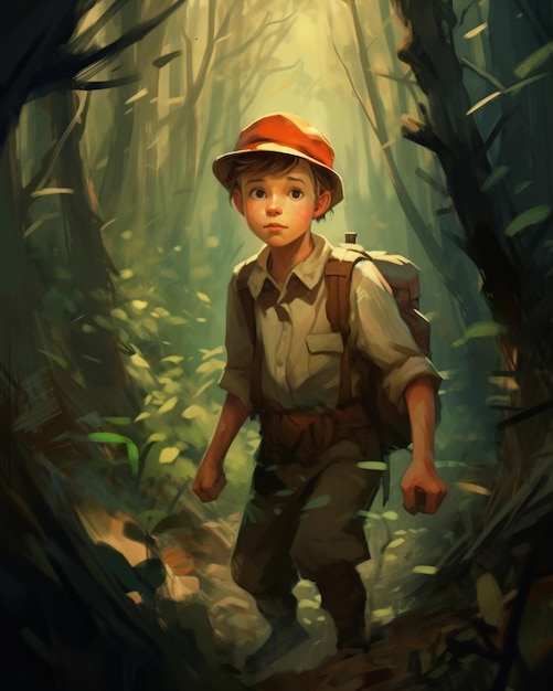 帽子をかぶった少年がバックパックを背負って森を歩いています。