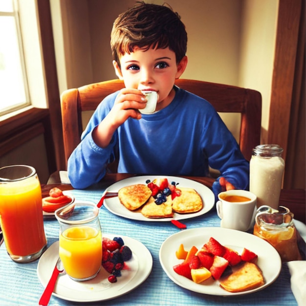 Photo boy have breakfast