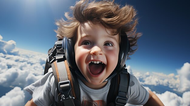 Boy in the helmet flying in the airplane