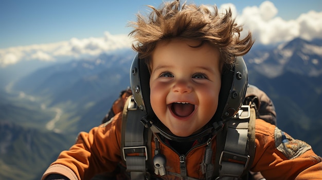 boy in the helmet flying in the airplane