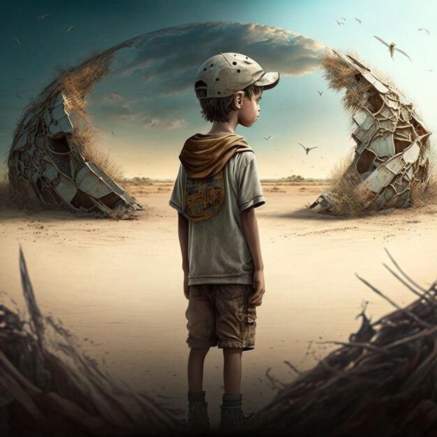 Boy in a helmet looking at a giant object in the desert generative ai