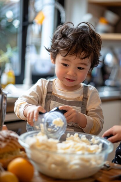 家のキッチンでミクサーでケーキを準備する母親を助ける少年 教育の概念