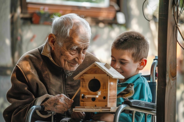 체어 에 앉아 있는 소년 은 할아버지 에게 새집 을 짓는 데 도움 을 준다