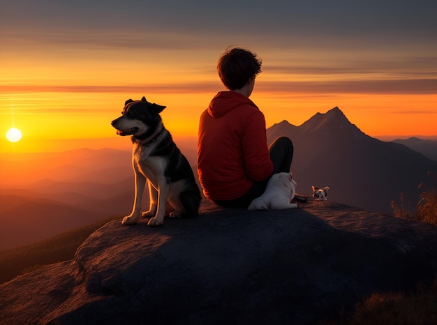 a boy and her dog sit on a rock and look at the sunset