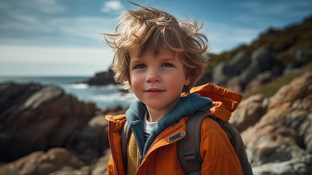 boy hiking along rocky sea coast at summer