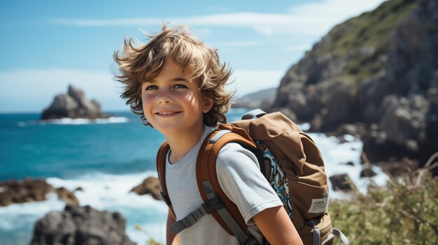 Photo boy hiking along rocky sea coast at summer