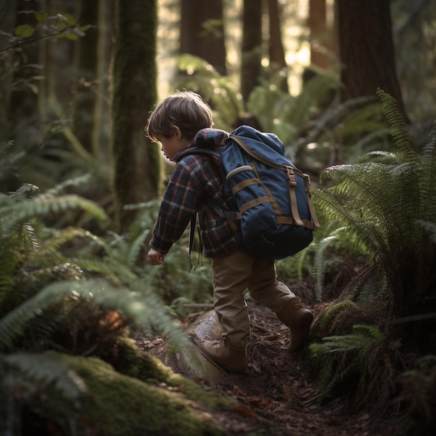 A boy hiking through a forest with a backpack that says'the best'on it