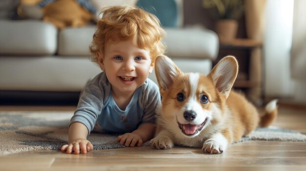 男の子と彼の犬が床に横たわっている