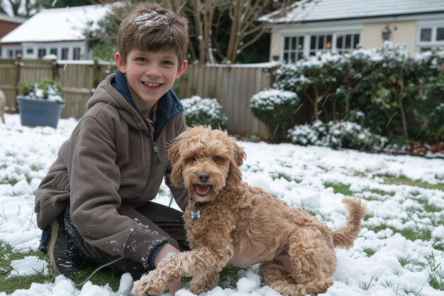 A boy and his dog are playing in the snow