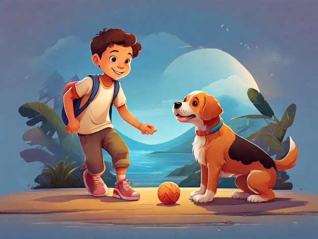 a boy and his dog are playing with a ball and a dog