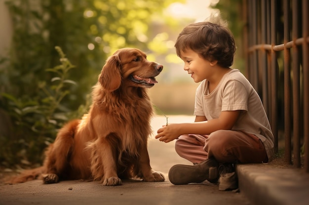 男の子と彼の犬がボールで遊んでいます