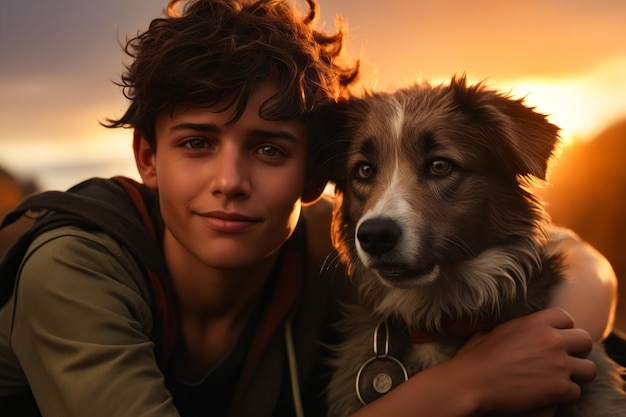 Boy and his dog are posing for picture together Generative AI
