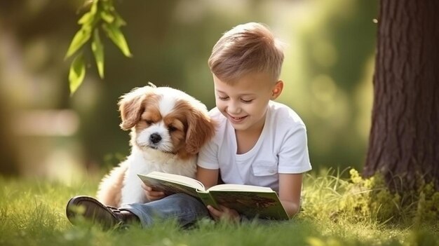 Photo a boy and his dog are sitting in the grass and reading a book