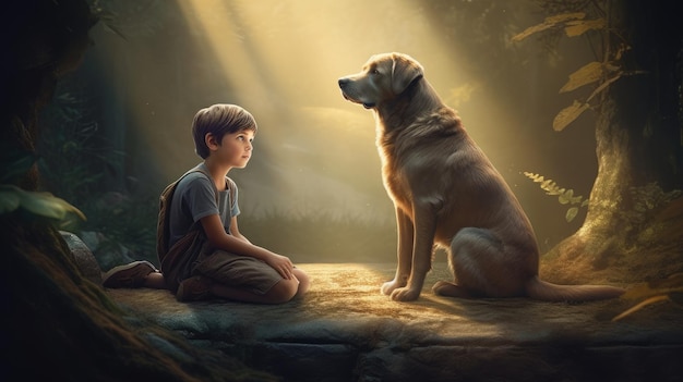 A boy and his dog are sitting on a rock in the sun