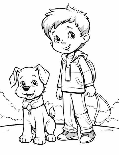 a boy and his dog are standing in the park coloring page generative ai