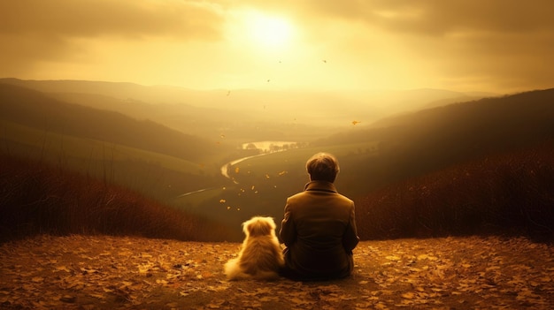 Photo a boy and his dog atop a hill or mountain generative ai