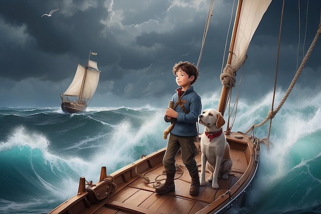 Photo a boy and his dog brave the open seas