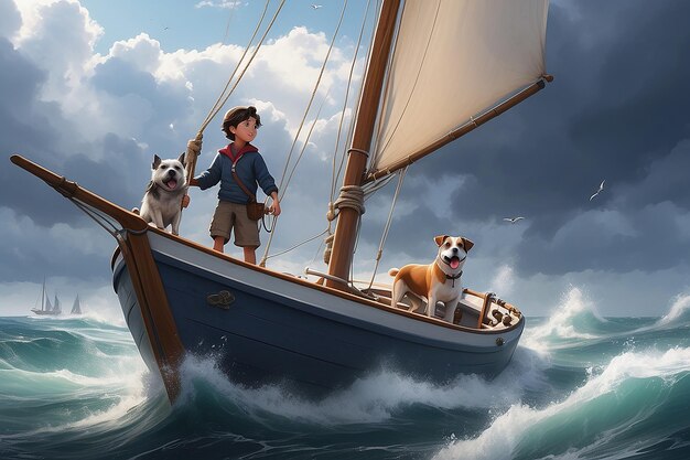 Photo a boy and his dog brave the open seas