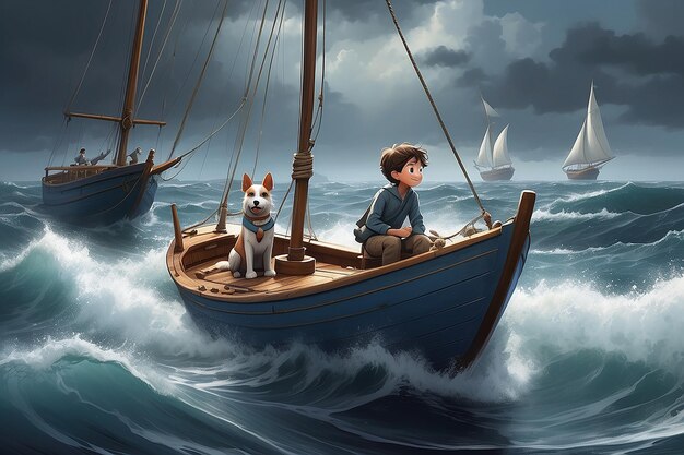 Photo a boy and his dog brave the open seas