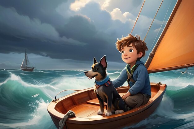 Photo a boy and his dog brave the open seas