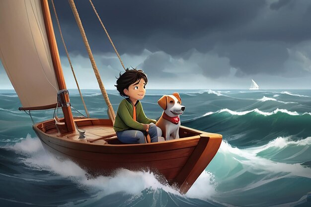 Photo a boy and his dog brave the open seas