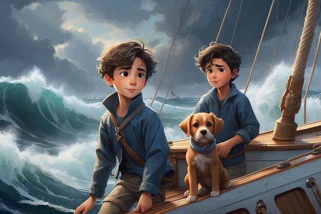 Photo a boy and his dog brave the open seas