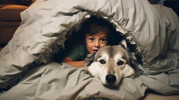 Photo a boy and his dog building fort out of background