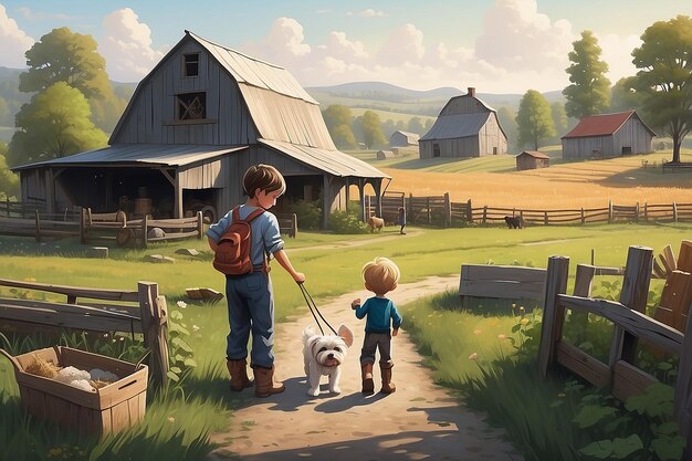 Мальчик и его собака в поле