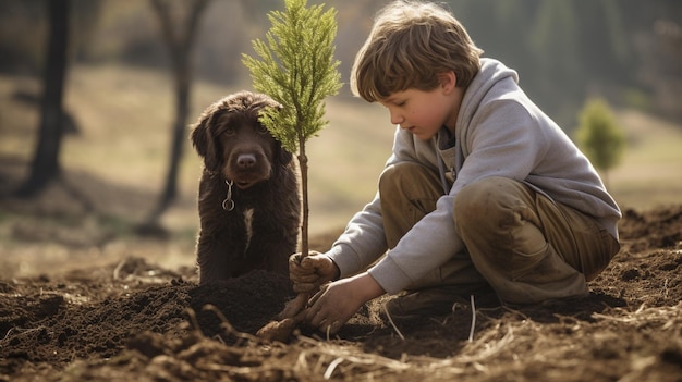 Photo a boy and his dog joining community tree wallpaper