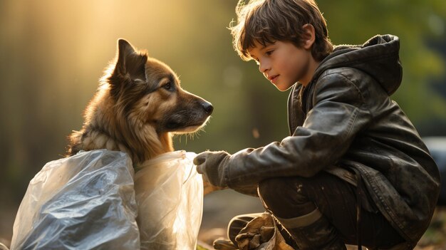 Photo a boy and his dog joining petfriendly background