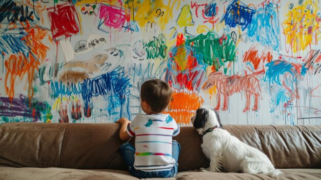 Мальчик и его собака смотрят на стену, полную детских рисунков и картин.