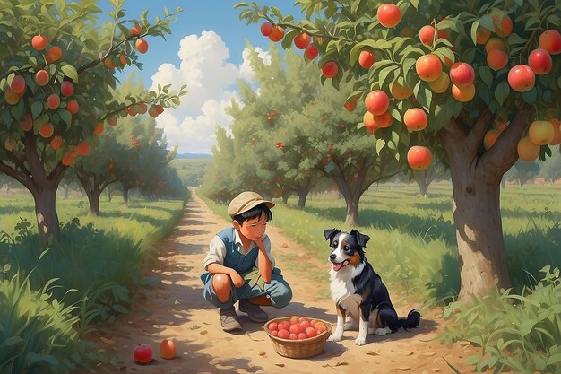 Photo a boy and his dog in the orchard bounty