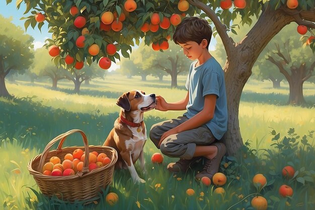 Photo a boy and his dog in the orchard bounty