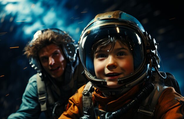 Boy and his father flying in rocket wearing astronaut helmet