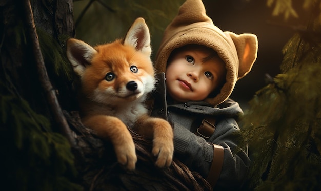 a boy and his fox are in a tree