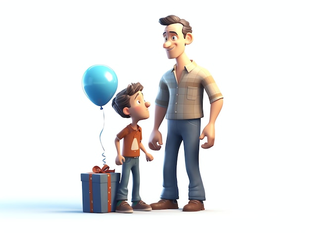 A boy and his mother stand next to a gift box that says'happy birthday '